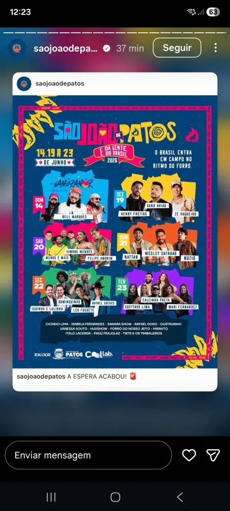Programação do São João de Patos 2026 é anunciada com Wesley Safadão, Gusttavo Lima, Bell Marques, Xand Avião, Nattan e outras atrações